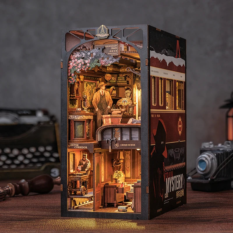 CUTEBEE DIY Book Nook Kit Miniatur-Puppenhaus mit Touch-Light-Staubschutz, Bücherregal-Einsatz, Geschenke, Detektivagentur, Train Mystery