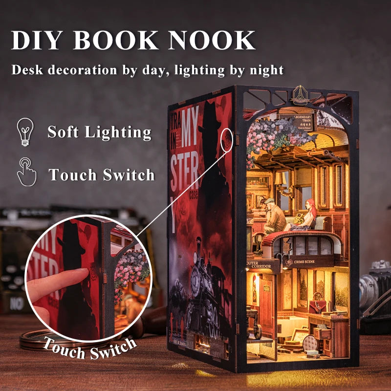 CUTEBEE DIY Book Nook Kit Miniatur-Puppenhaus mit Touch-Light-Staubschutz, Bücherregal-Einsatz, Geschenke, Detektivagentur, Train Mystery